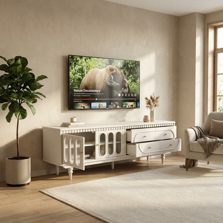 Modern living room with a white tv stand and TV displaying a nature documentary.