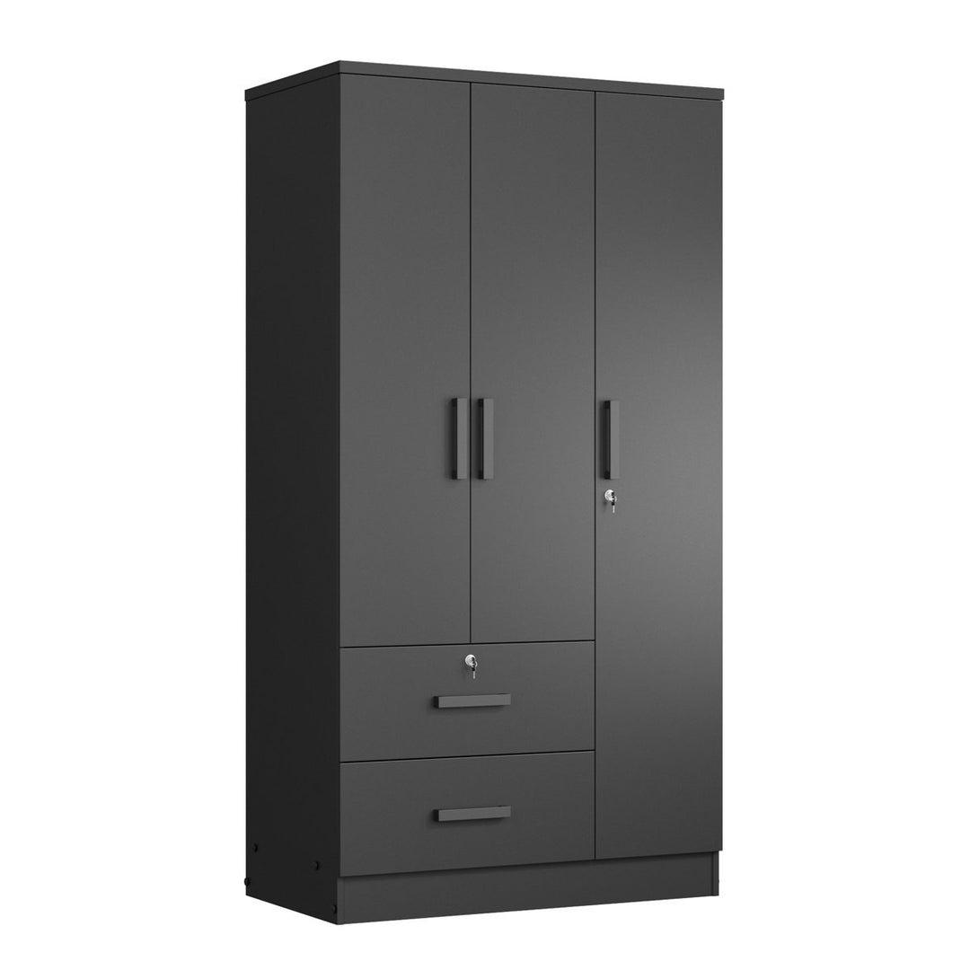 Black wardrobe with two doors and two drawers on a white background