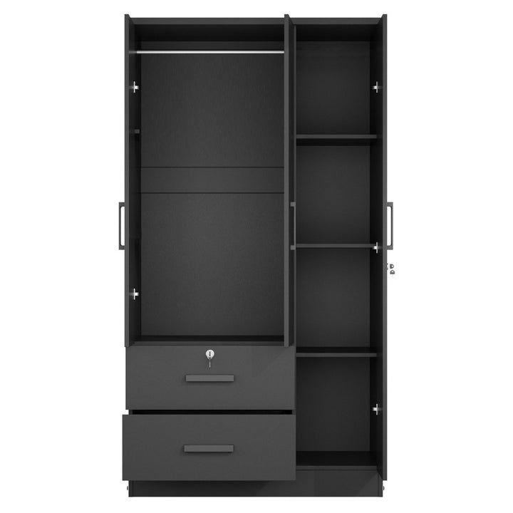 Black wardrobe with open doors and drawers on a white background