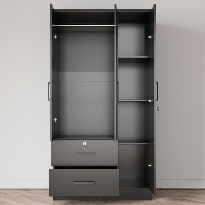 Modern black wardrobe with 3 doors and 2 drawers on a wooden floor.