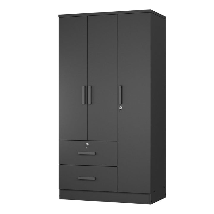 Modern black wardrobe with two doors and two drawers on a white background