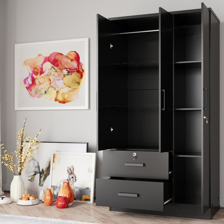 Sleek black wardrobe with open doors in a room with decorative items on the floor.