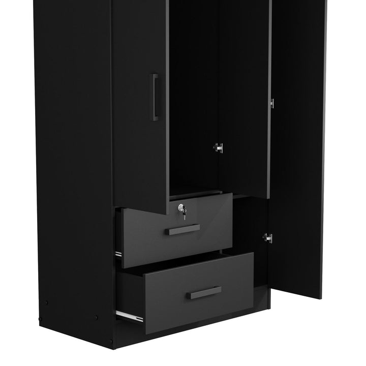 Stylish black wardrobe with open doors and a drawer on a white background