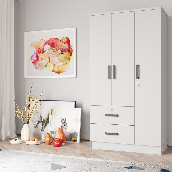 Modern wardrobe in dual tone with drawers in a room with decorative items on the floor.