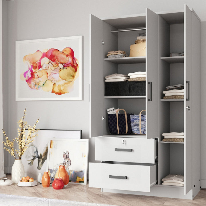 Dual-tone wardrobe with open doors showing interior shelves and drawers, decorated room with colorful abstract art and small figurines.