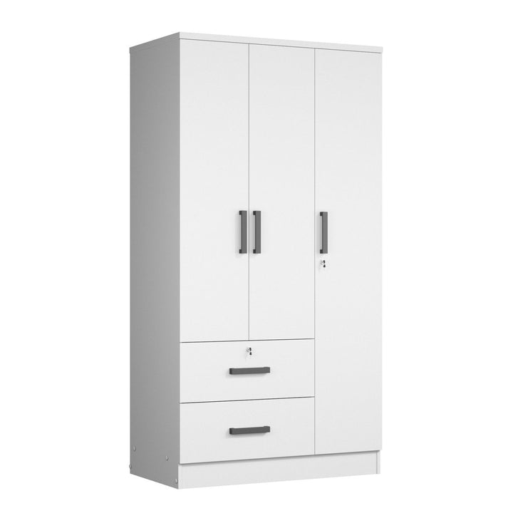 White wardrobe with three doors and two drawers on a white background
