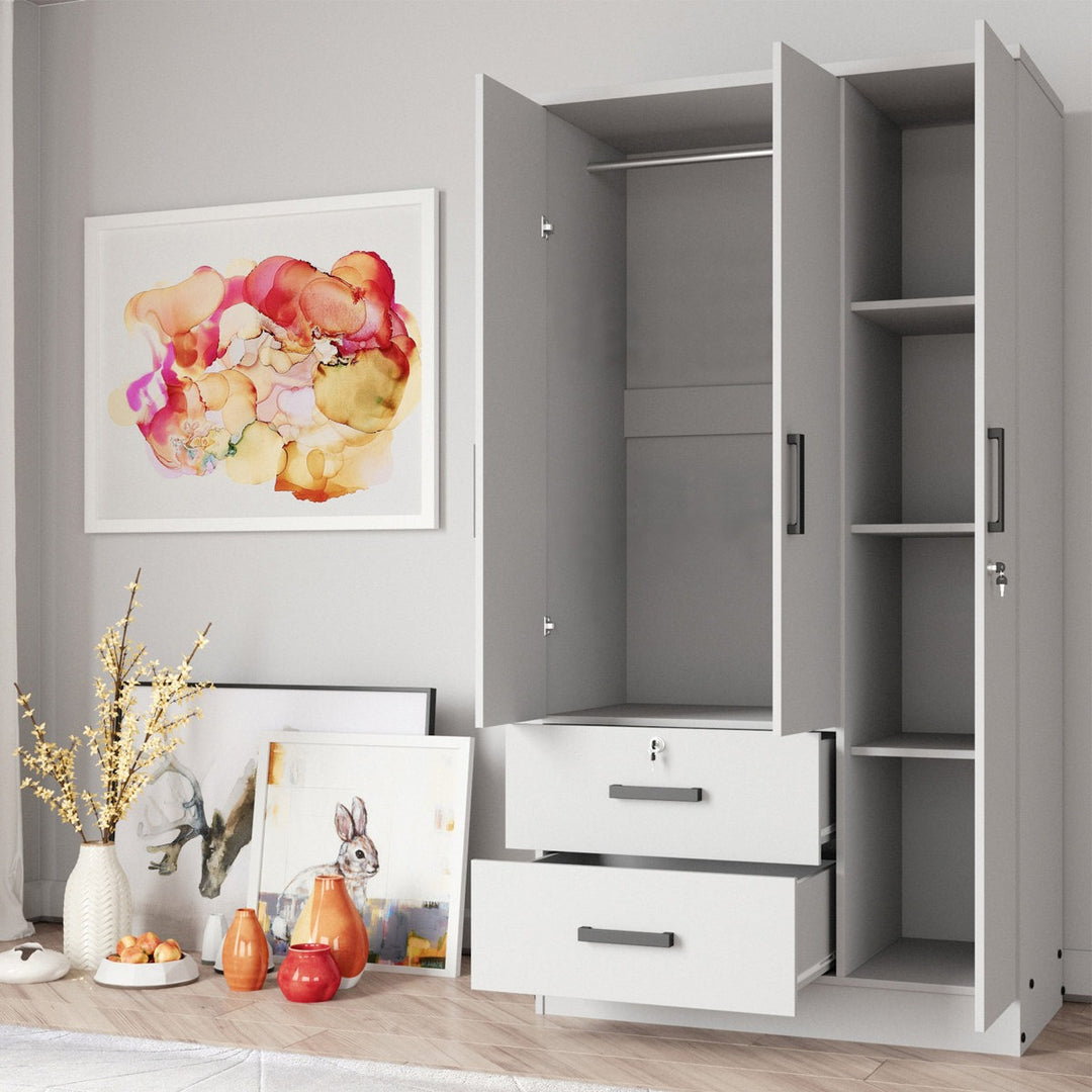stylish white dual-tone wardrobe with open doors in a room with decorative items on the floor.