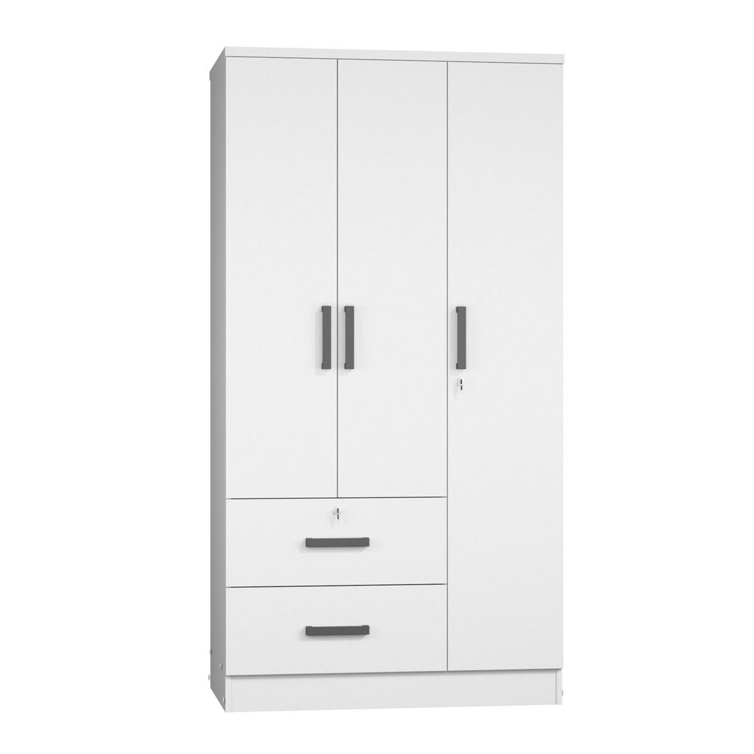 Luxury white wardrobe with two doors and two drawers on a white background