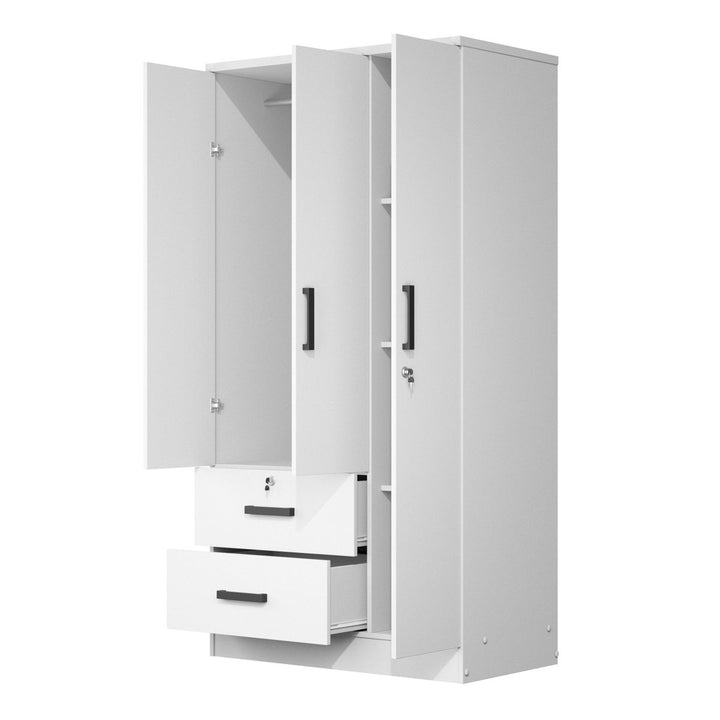 modern white wardrobe with open doors and drawers on a white background