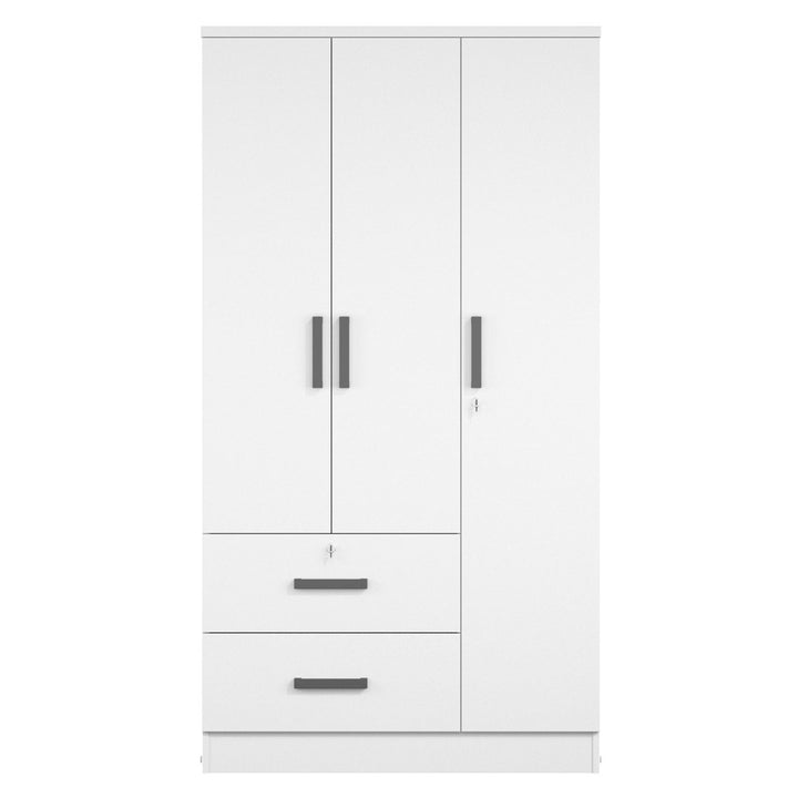 Stylish white wardrobe with three doors and two drawers on a white background