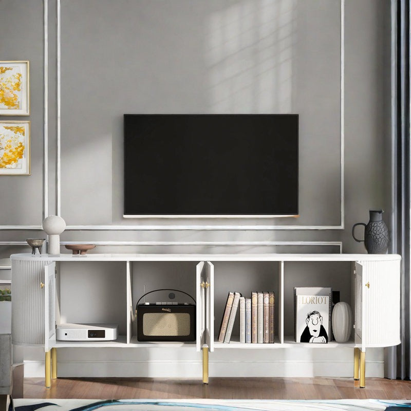 white tv cabinet with open drawers and open shelves