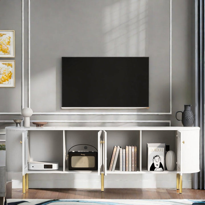 white tv cabinet with open drawers and open shelves