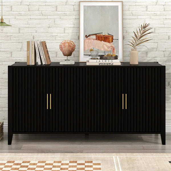 A small black sideboard and cabinet with gold handles, featuring a contemporary design with fluted doors and decorative items on top.