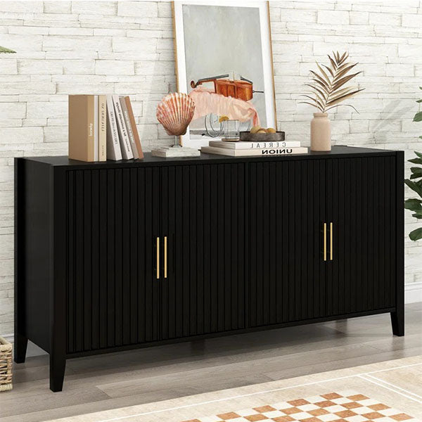 Black pu finish sideboard cabinet with golden handles and sturdy legs
