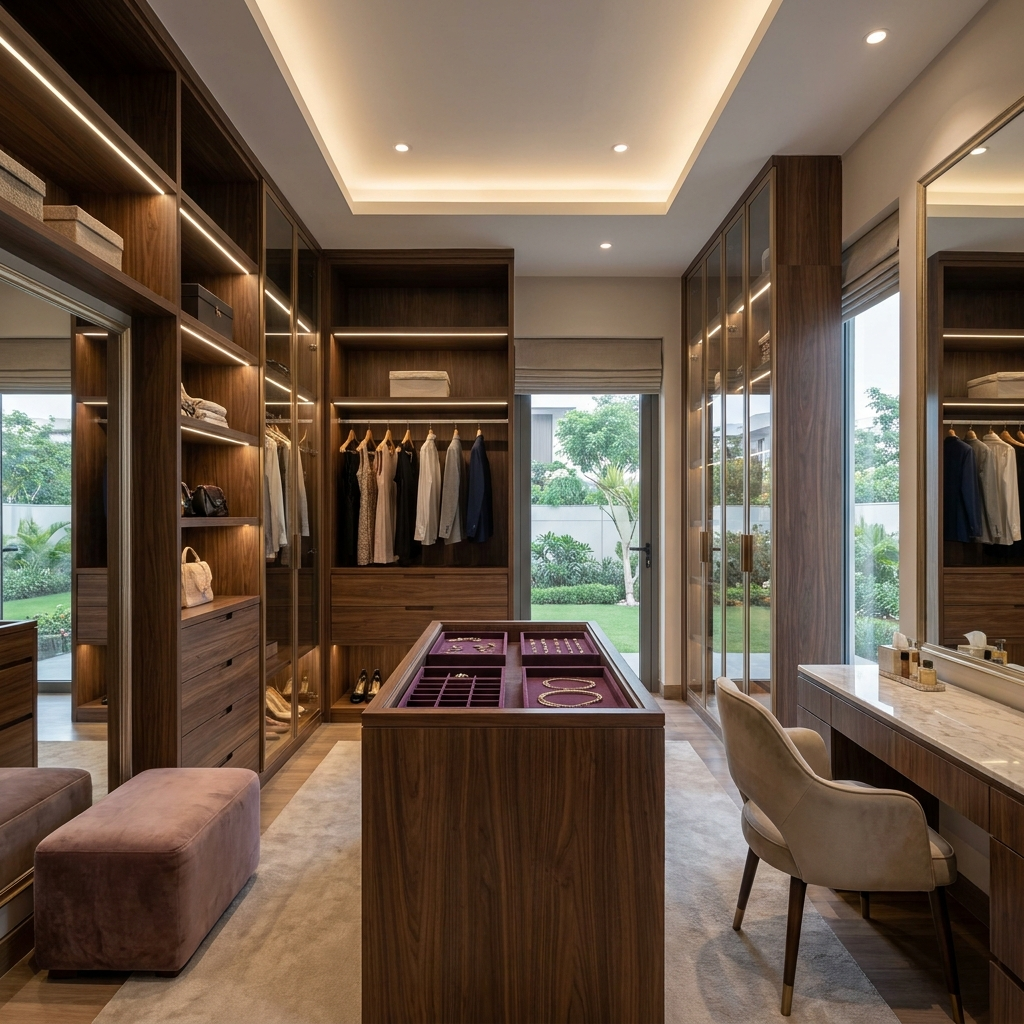 Modern walk-in closet with wooden shelves, island, and seating area.