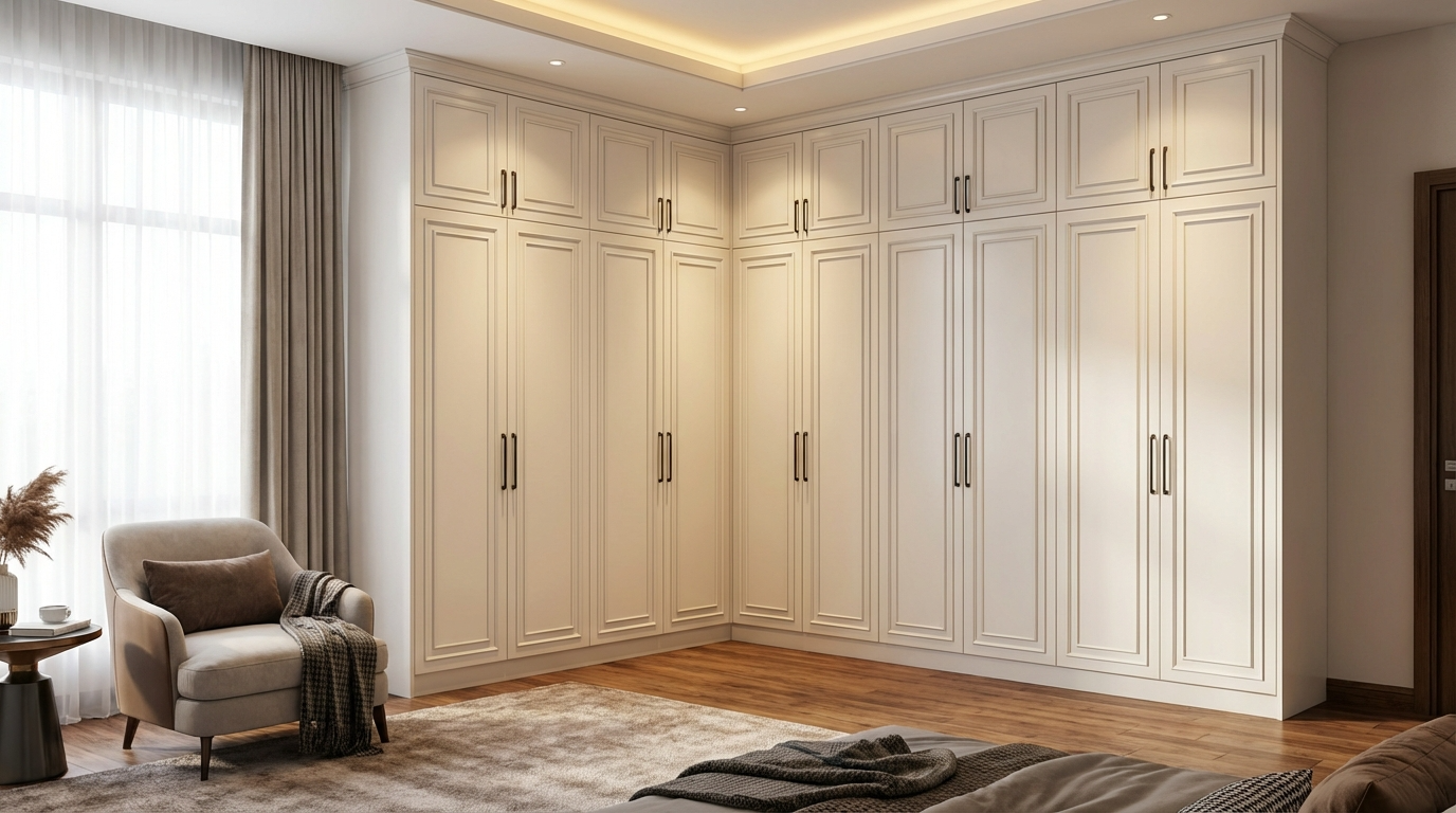 modular white wardrobe with premium handle and modern design for villas.