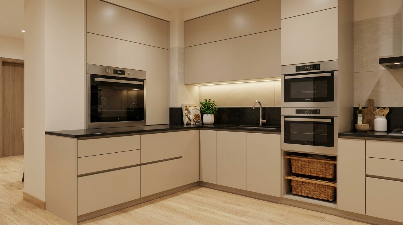 Modern kitchen with beige cabinets, black countertops, and stainless steel appliances in delhi