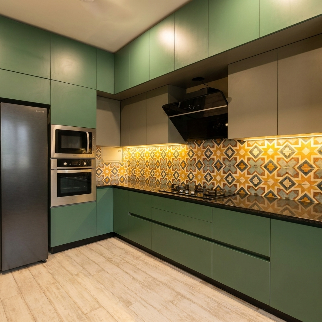Modern kitchen with green cabinets, stainless steel appliances, and a patterned backsplash for delhi homes.