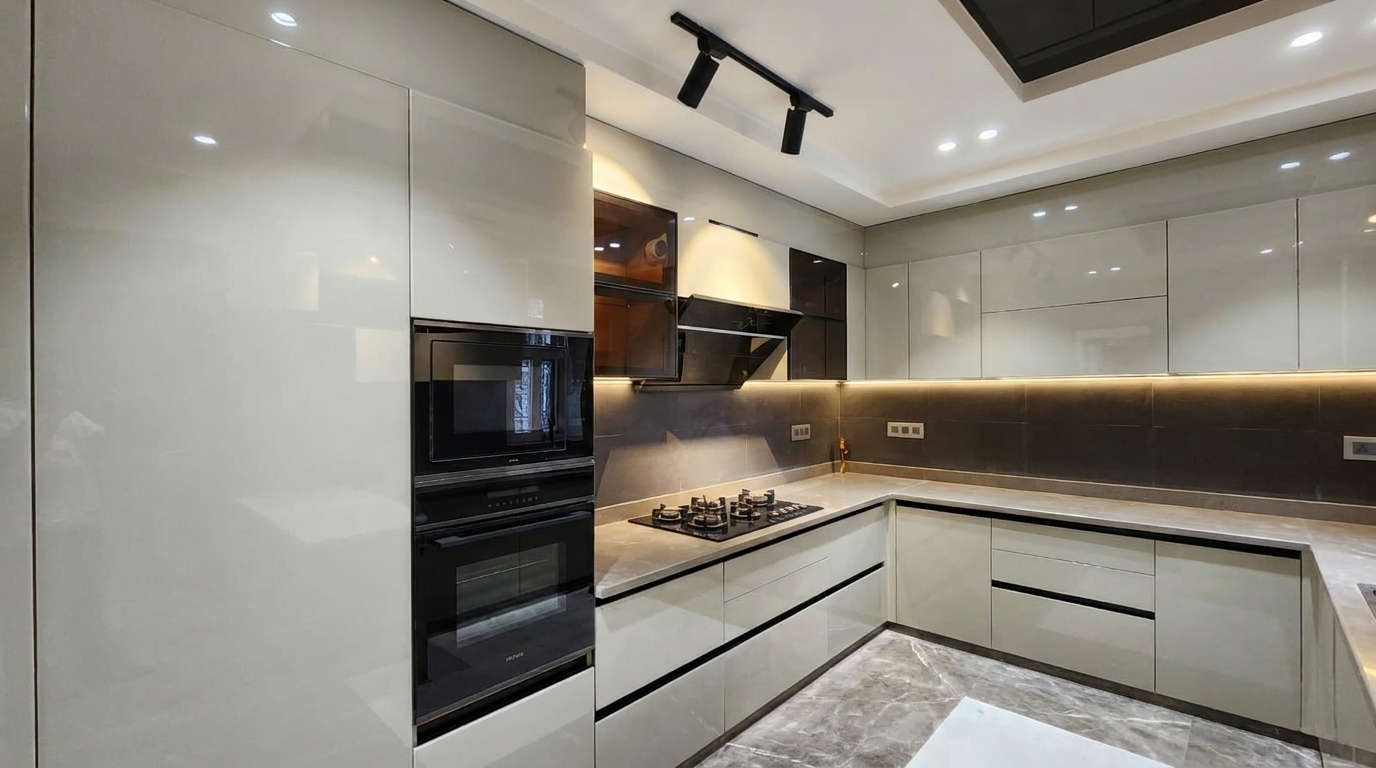 Modular kitchen with white cabinets, black appliances, and a tiled floor in Faridabad by Heera Moti.