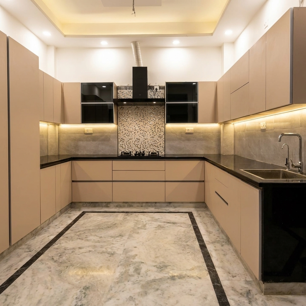 Heera Moti modular kitchen in gurugram with beige cabinets, black countertops, and marble flooring.