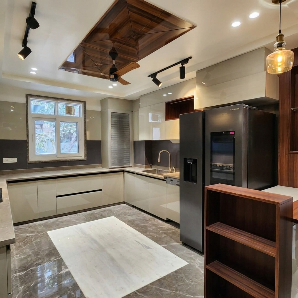 Modern kitchen with stainless steel appliances, wooden ceiling, and marble floor for noida villas by heera moti