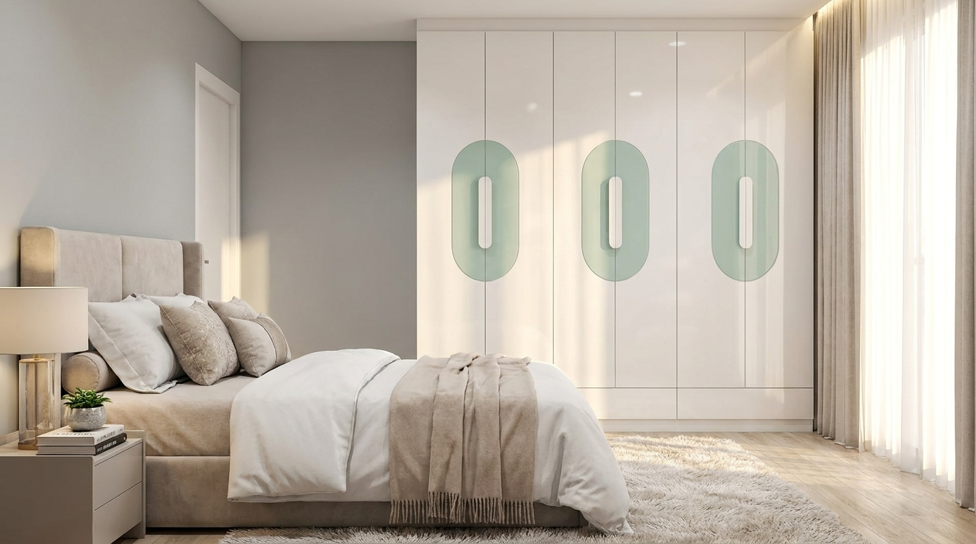 Modern bedroom with a bed, nightstands, and a wardrobe with decorative elements by heera moti in faridabad.