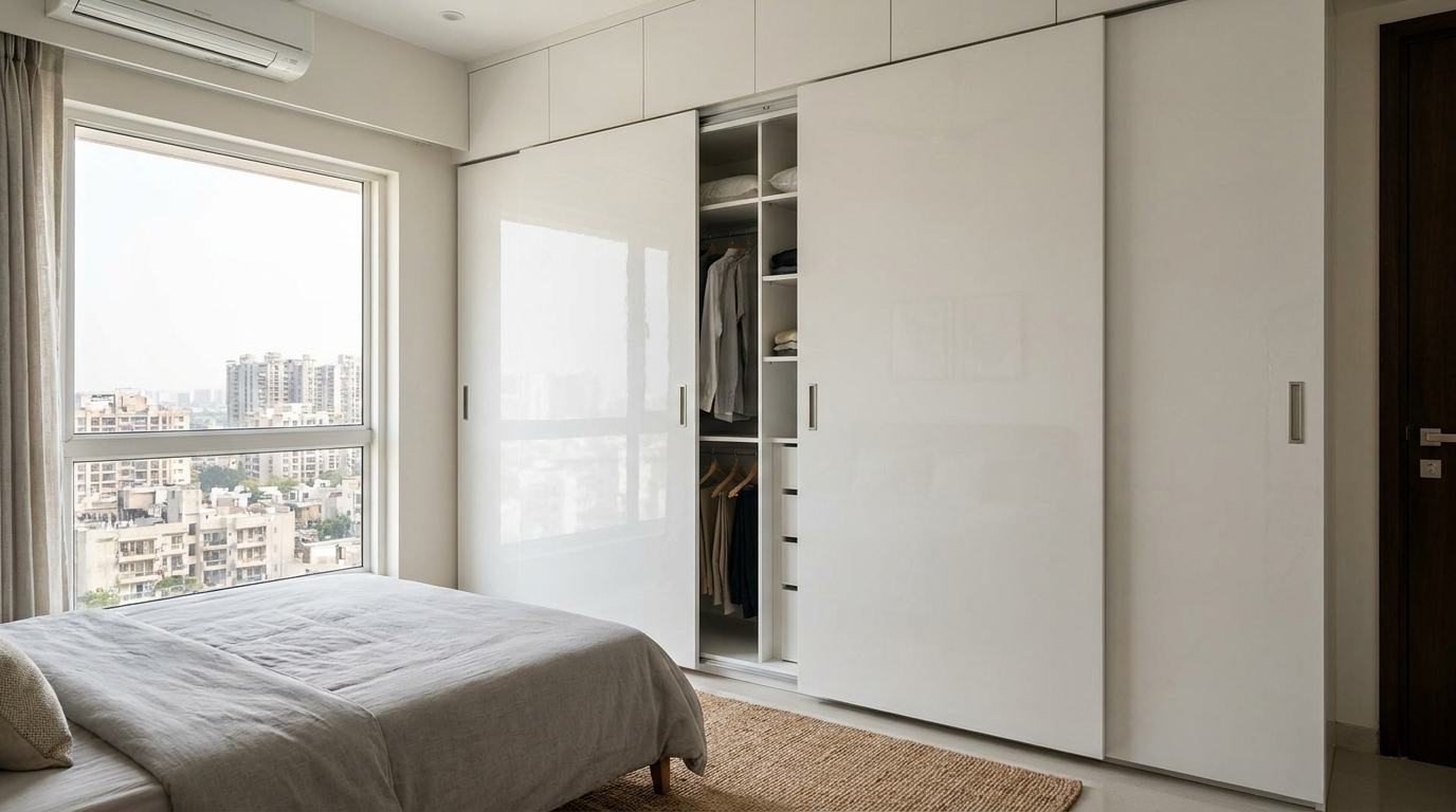 custom white modular wardrobe in modern delhi home
