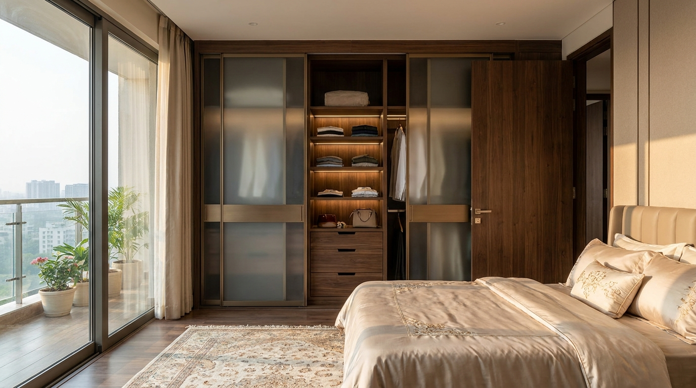 Luxury modular wardrobe in Gurugram apartment bedroom