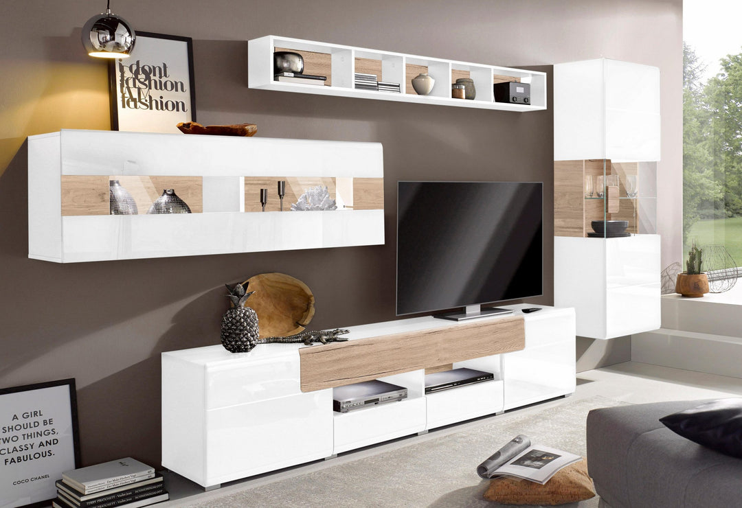 modern white & beige tv unit set in high gloss