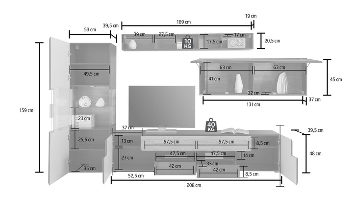 dimension of white and beige tv unit set
