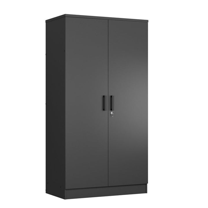 modern black 2-door wardrobe with a secure central lock.