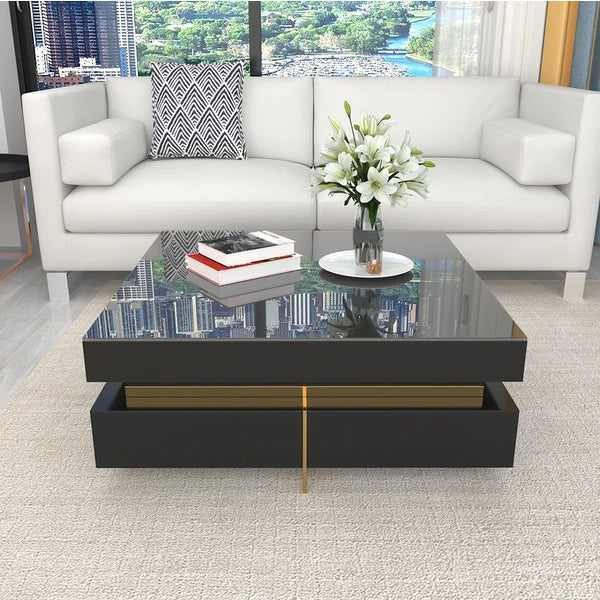 Modern Nadu black coffee table in PU finish with gold metal legs and square design in a stylish living room