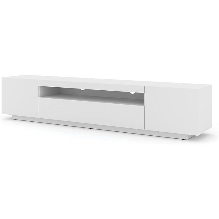 Modern white tv stand with three soft close cabinets and one open shelf in white background