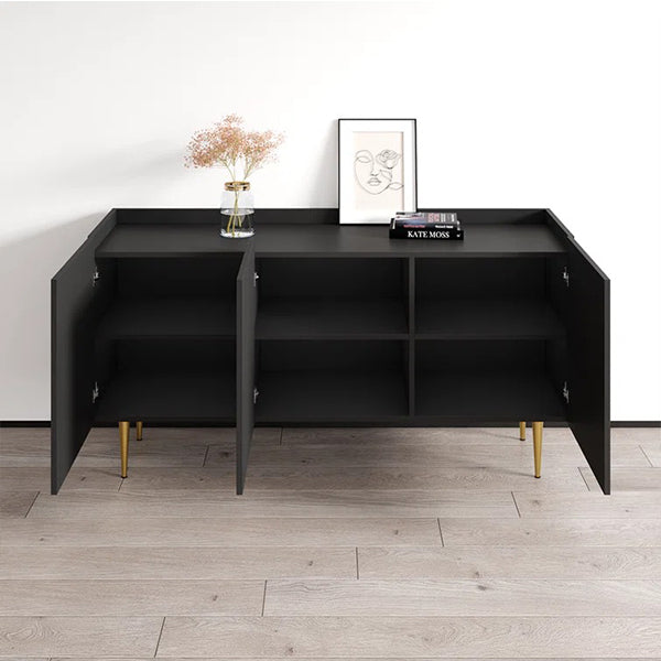 modern black sideboard cabinet with openable shutters to show internal space 