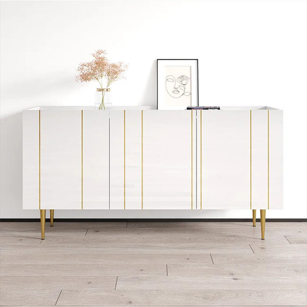 Premium white storage cabinet with gold legs and vertical line design on it