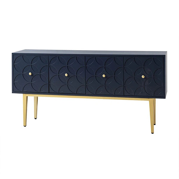Designer navy blue sideboard cabinet with golden legs and branded hardware for modern indian homes