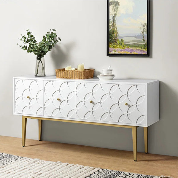 Designer white PU finish sideboard with gold accent perfect for living room