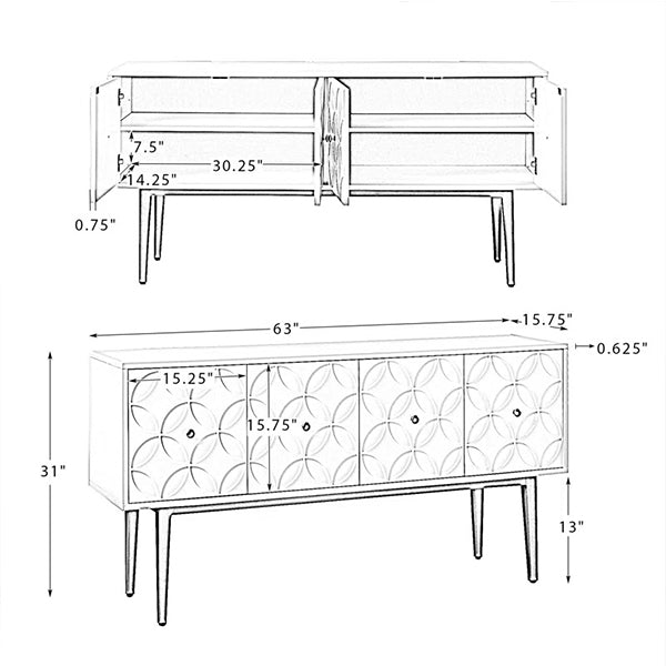 Designer sideboard cabinet dimension on a white background