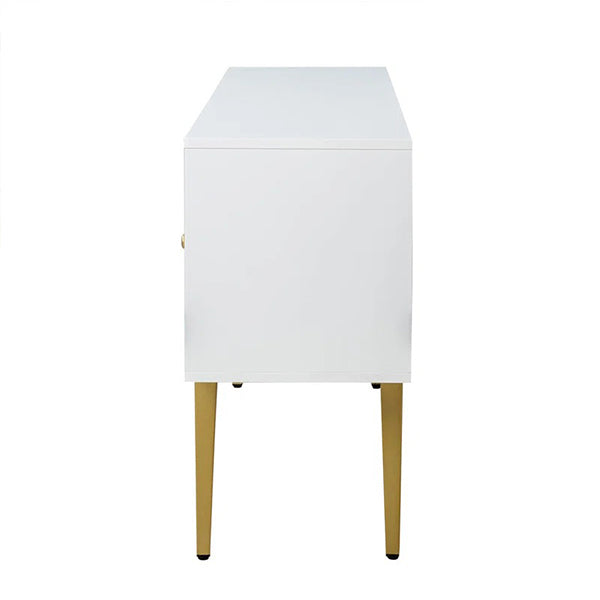 side view of white sideboard with gold accent