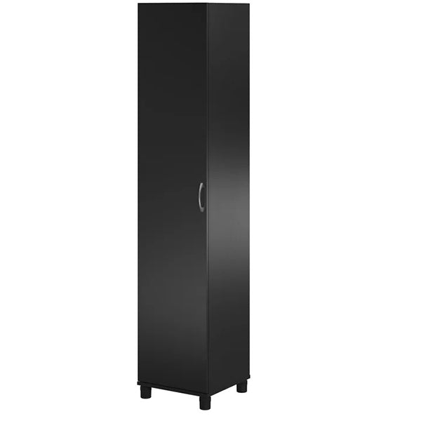 black single-door wardrobe with silver metal handle