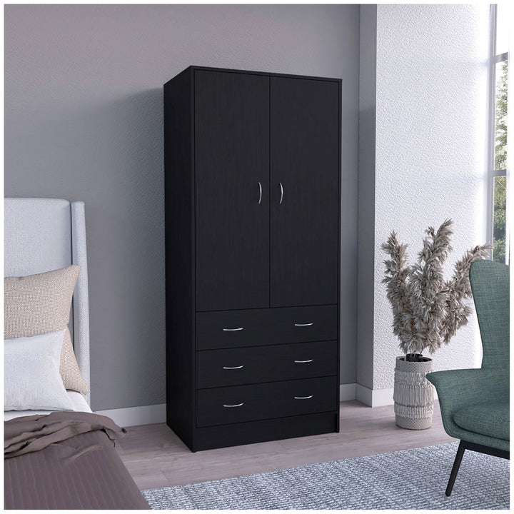 Sleek black modular wardrobe with drawers in a bedroom setting