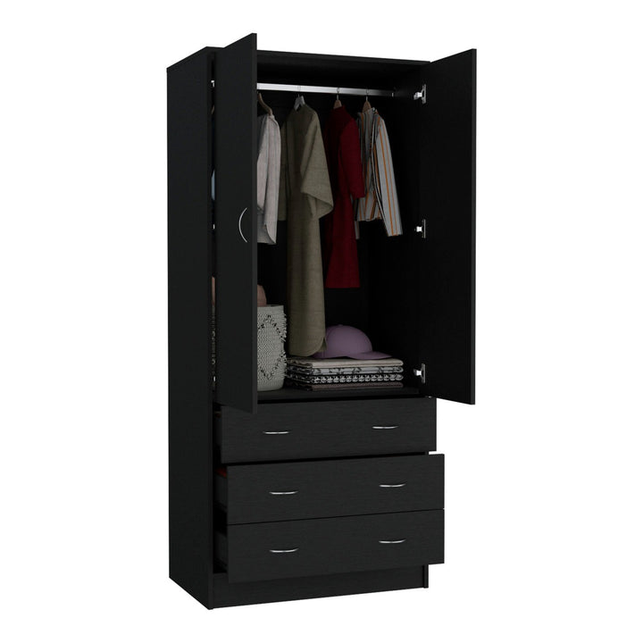 Luxury black wardrobe design with open doors showing clothes and drawers on a white background