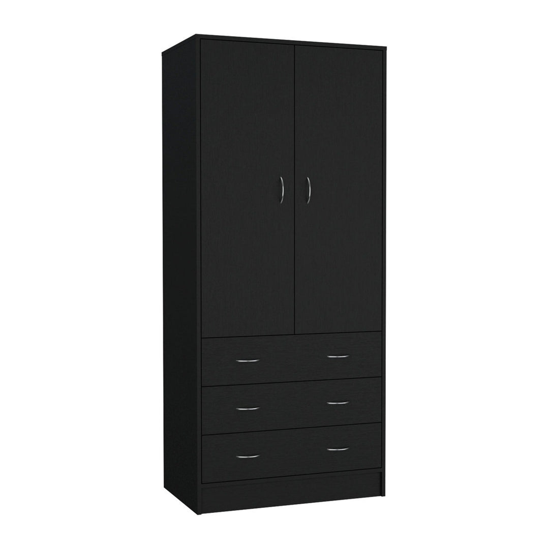 Black modular wardrobe design with two doors and four drawers on a white background