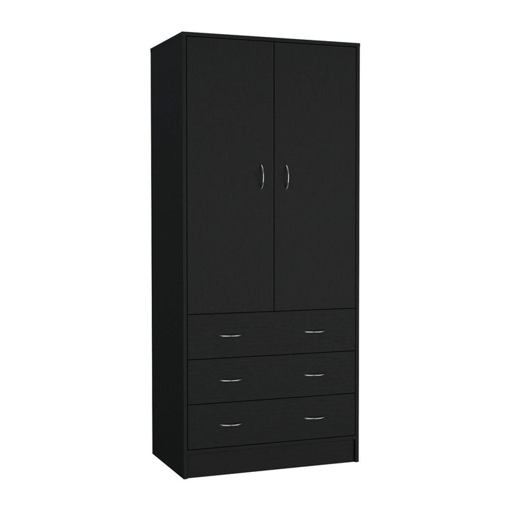 Black modular wardrobe design with two doors and four drawers on a white background