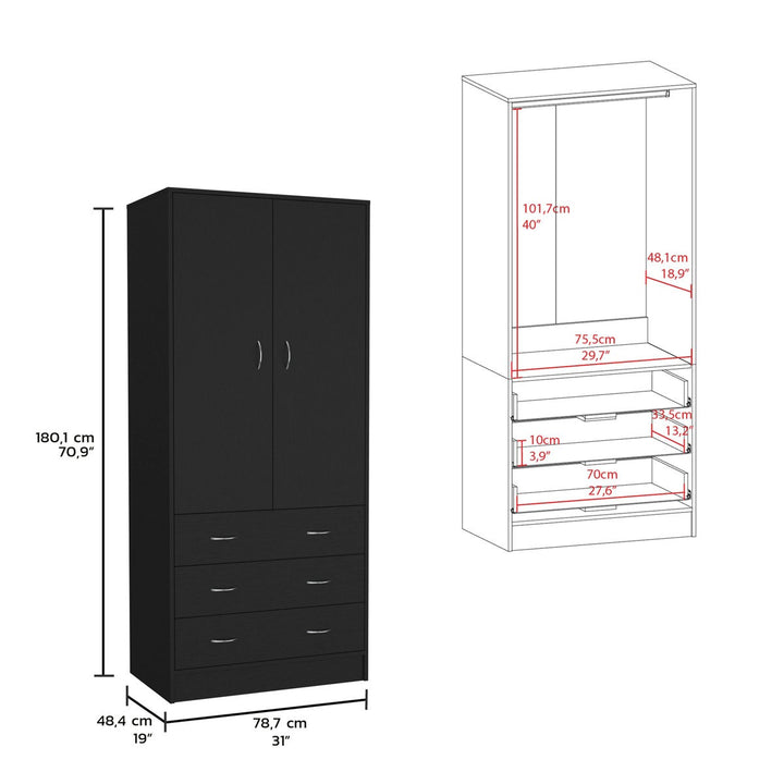 A black modular wardrobe with dimensions on a white background