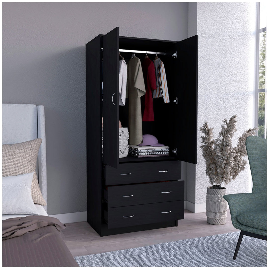 Black modular wardrobe with open doors displaying clothes in a bedroom setting.
