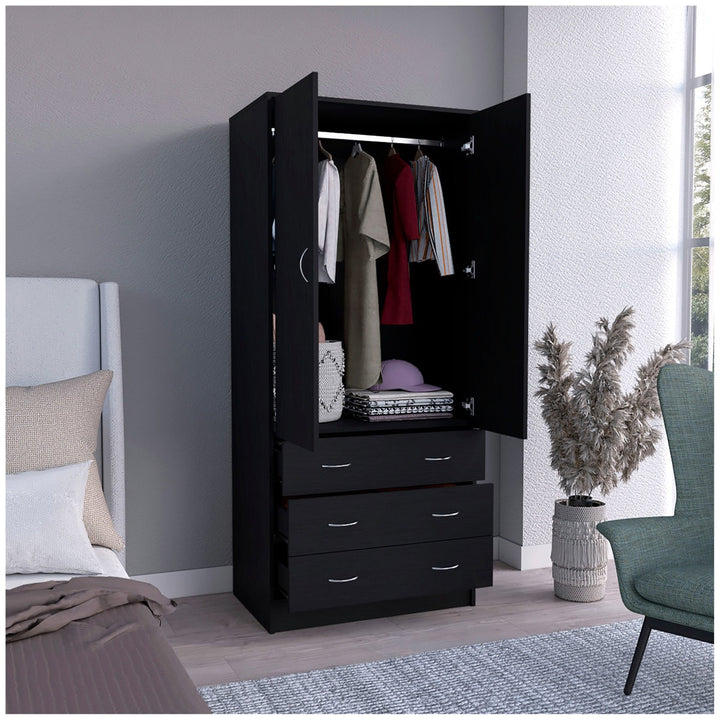 Black modular wardrobe with open doors displaying clothes in a bedroom setting.