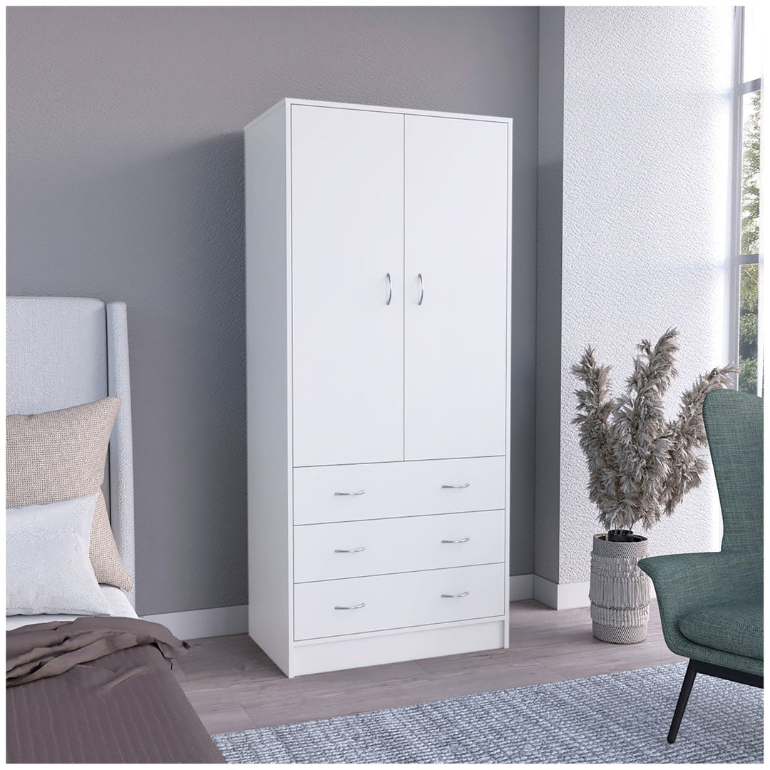 A white modular wardrobe with 2 doors and 3 drawers in a bedroom with a bed and chair.