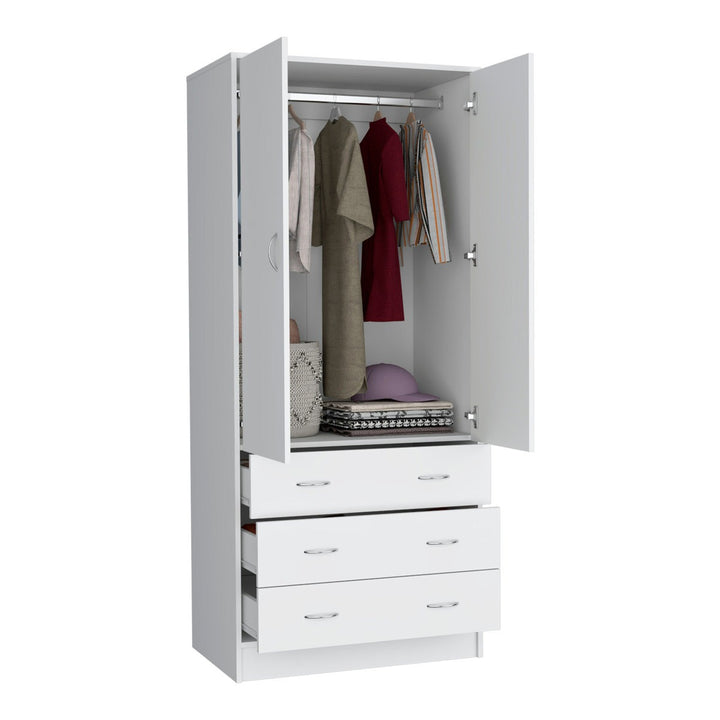 White modular wardrobe design with clothes inside on a white background