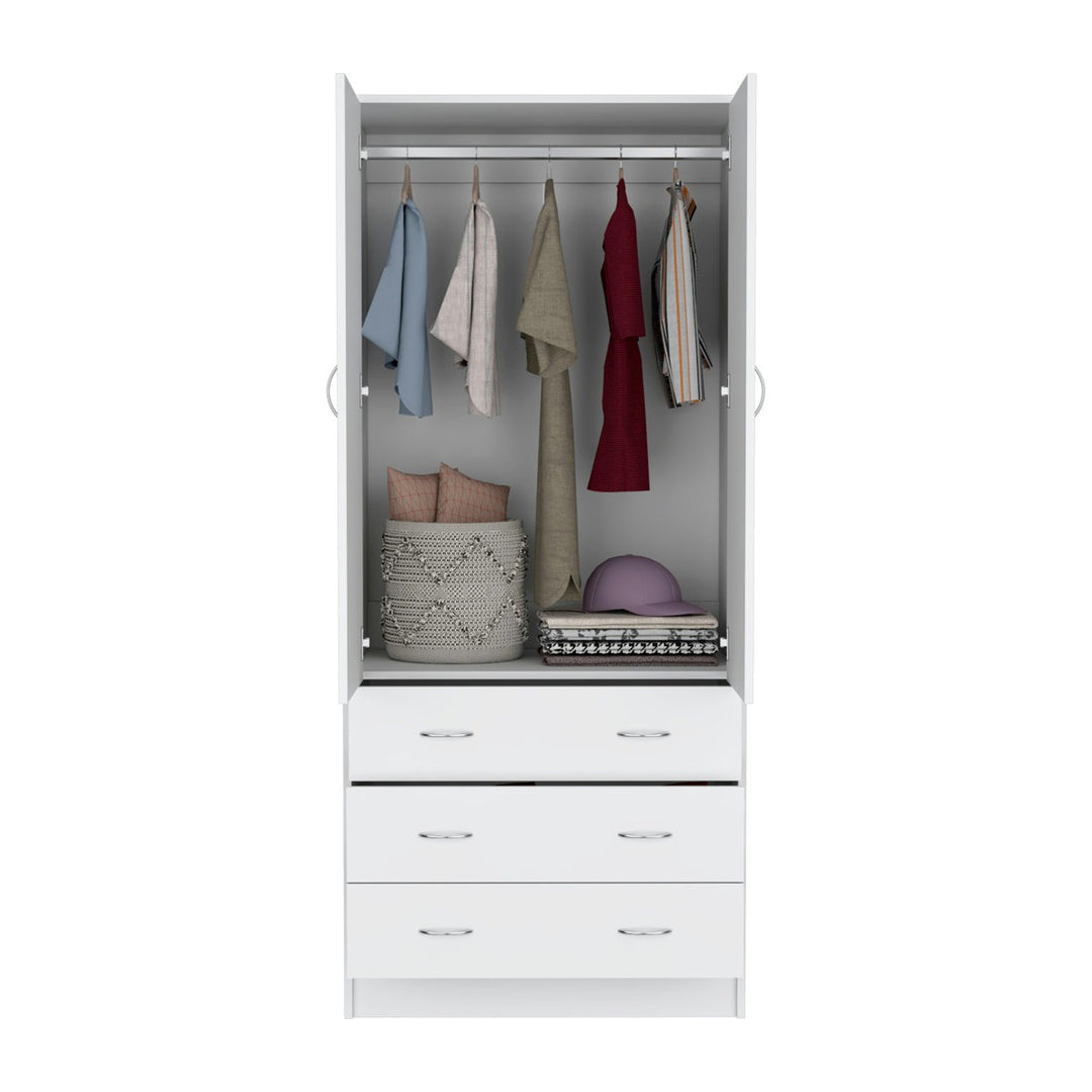 clothes and a basket inside white modular wardrobe on a white background